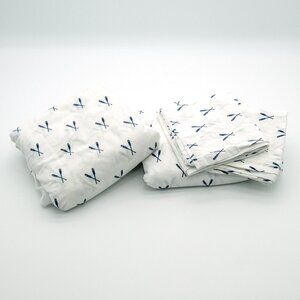 Eddie Bauer Cotton Percale Bed Sheets Set / Off-white with Blue Oars / Queen